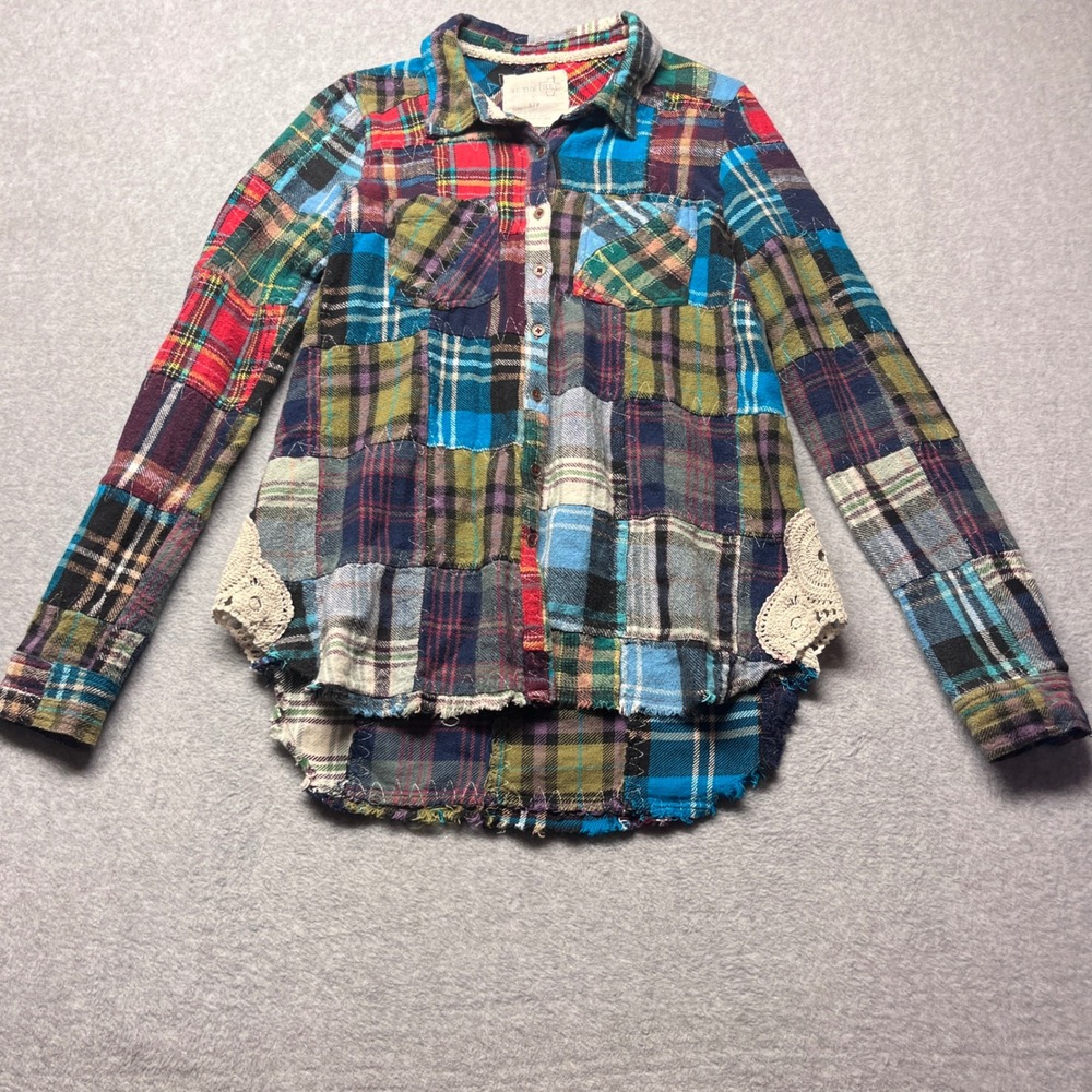 RARE Free People Patchwork LOST IN PLAID Flannel Crochet Lace Shirt Small